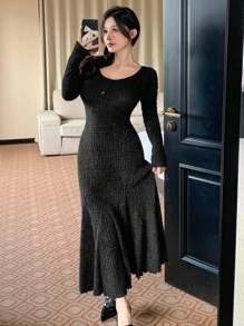 DAZY Women Banquet/Back To School Plush Round Neck Long Sleeve Fishtail Midi Dress,Ruffle,Fall Clothes - Black - View 9