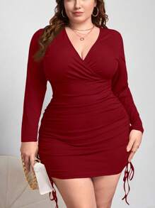 SHEIN Privé 大码长袖修身连衣裙 - 酒紅色 - 查看 6