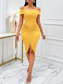 VaVaBold Vestido de fiesta con hombros descubiertos, drapeado lateral, satén y dobladillo asimétrico - Amarillo - Ver 4