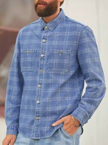 Manfinity Homme Retro American Casual Men's Light Blue Plaid Loose Denim Shirt - Light Wash - View 4