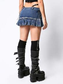 ROMWE Grunge Punk Y2K Punk Riveted Pleated Ultra-Short Mini Denim Skirt With Leggings (Includes Leggings), School