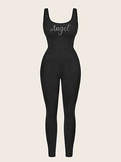 SHEIN SXY 天使字母水钻图案休闲高弹力 U 领无袖紧身女式连体裤，夏季