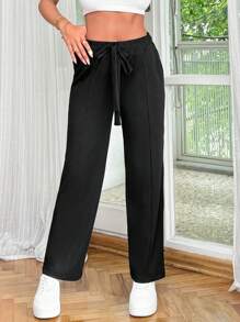 RueChic Women Black Drawstring Solid Seam Pants - Black - View 5