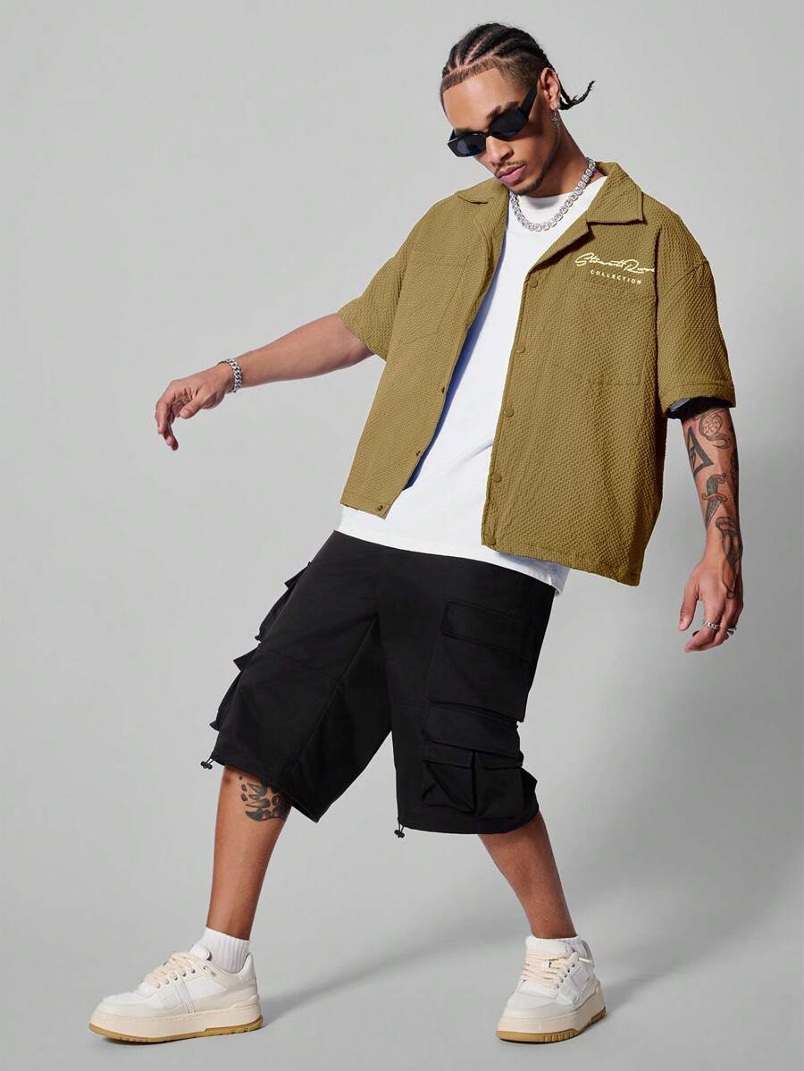 PAVTROS Manfinity Streetrush Men's Solid Color Button-Front Short Sleeve Casual Shirt - Khaki - View 1