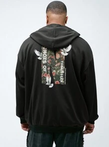 Manfinity VCAY Men's Plus Size Casual Loose Drop-Shoulder Zipper Front Peace Dove Graphic Print Hoodie Sweatshirt For Fall/Winter