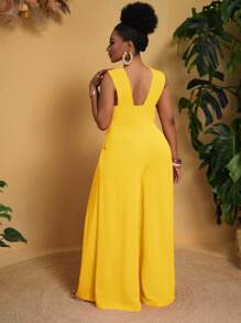 Slaydiva Plus Size Women Sleeveless Loose Solid Color With Pockets Wide Leg Jumpsuit - Yellow - View 2