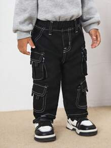 SHEIN Baby Boy Cool Multiple Pockets And Contrast Stitching Denim Black Jeans,Versatile For Outdoor Wear - Black - View 5
