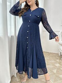 Modelyn Plus Size Women's Lace Patchwork Casual Long Sleeve Dress, Elegant Party Evening Maxi Length Dresses Long Evening Dresses - Navy Blue - View 1
