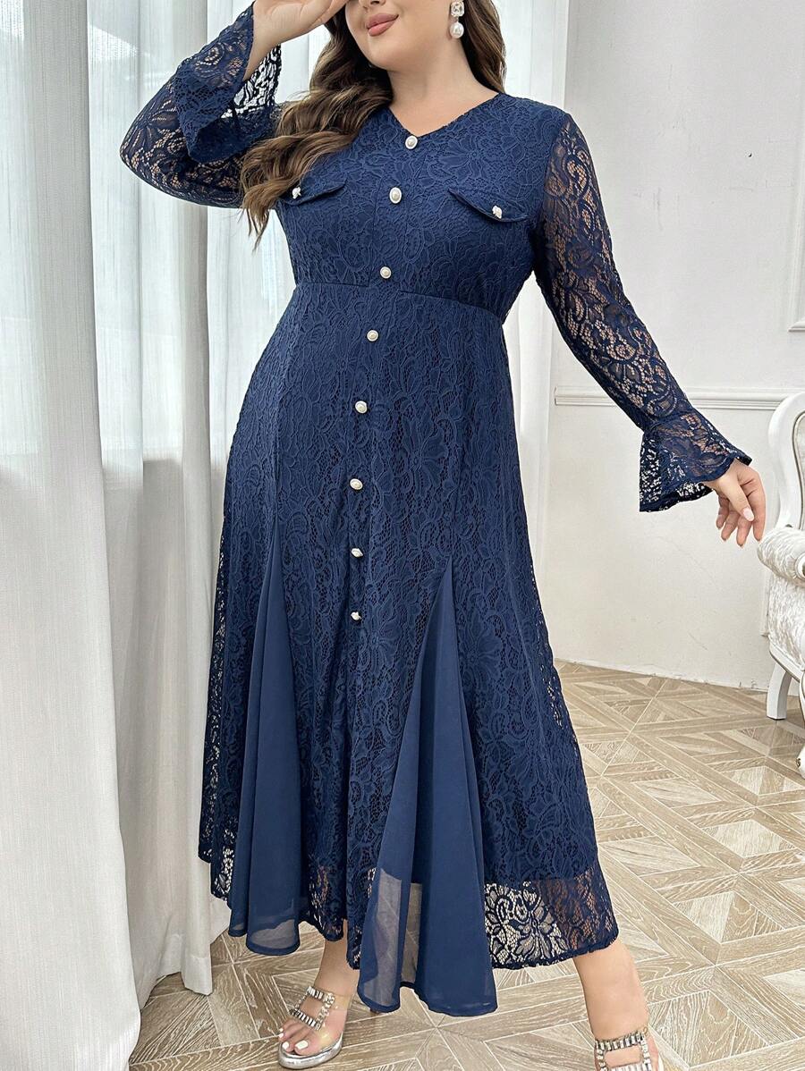 Modelyn Plus Size Women's Lace Patchwork Casual Long Sleeve Dress, Elegant Party Evening Maxi Length Dresses Long Evening Dresses - Navy Blue - View 1