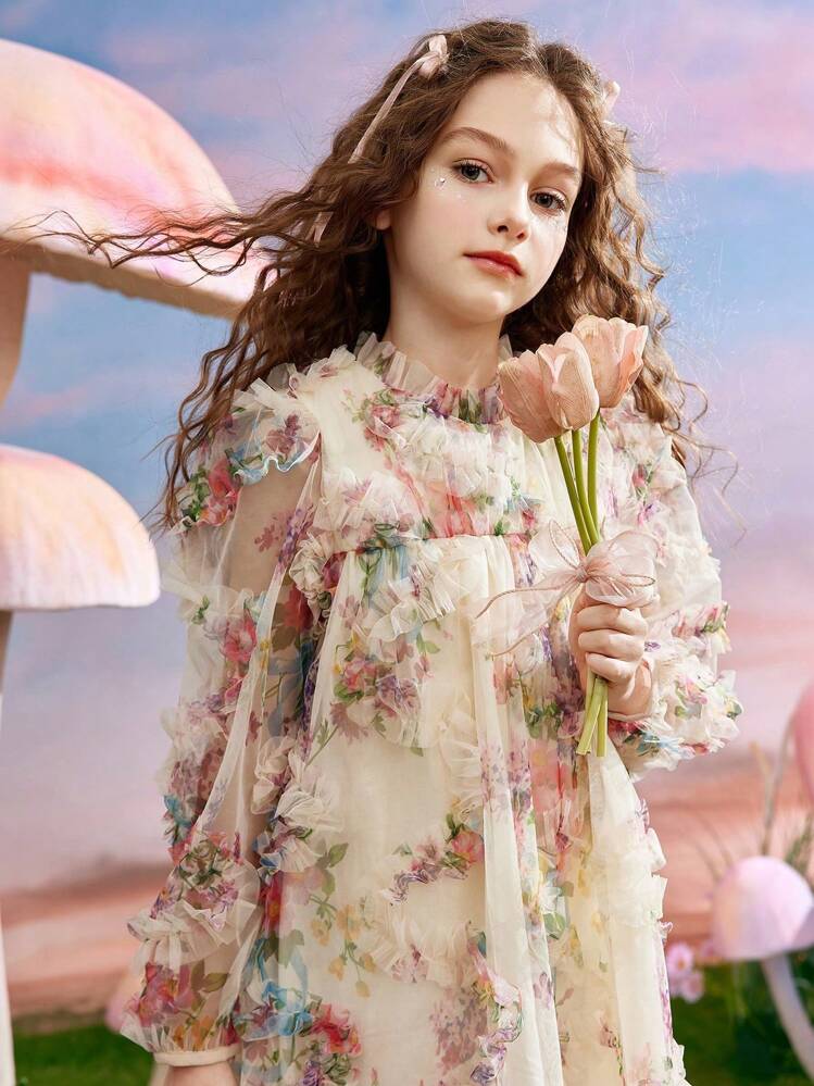 ASK JUNIOR فستان بمظهر ثلاثي الأبعاد من الشبكة وزخرفة زهرية للبنات المراهقات، فستان أميرة كاجوال - متعدد الألوان - مشاهدة 9