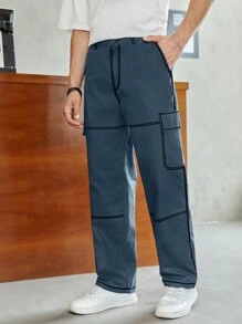 SHEIN Teenboys' Casual Versatile Cargo Pocket Black Woven Pants With White Stitching Detail - Dusty Blue - View 1