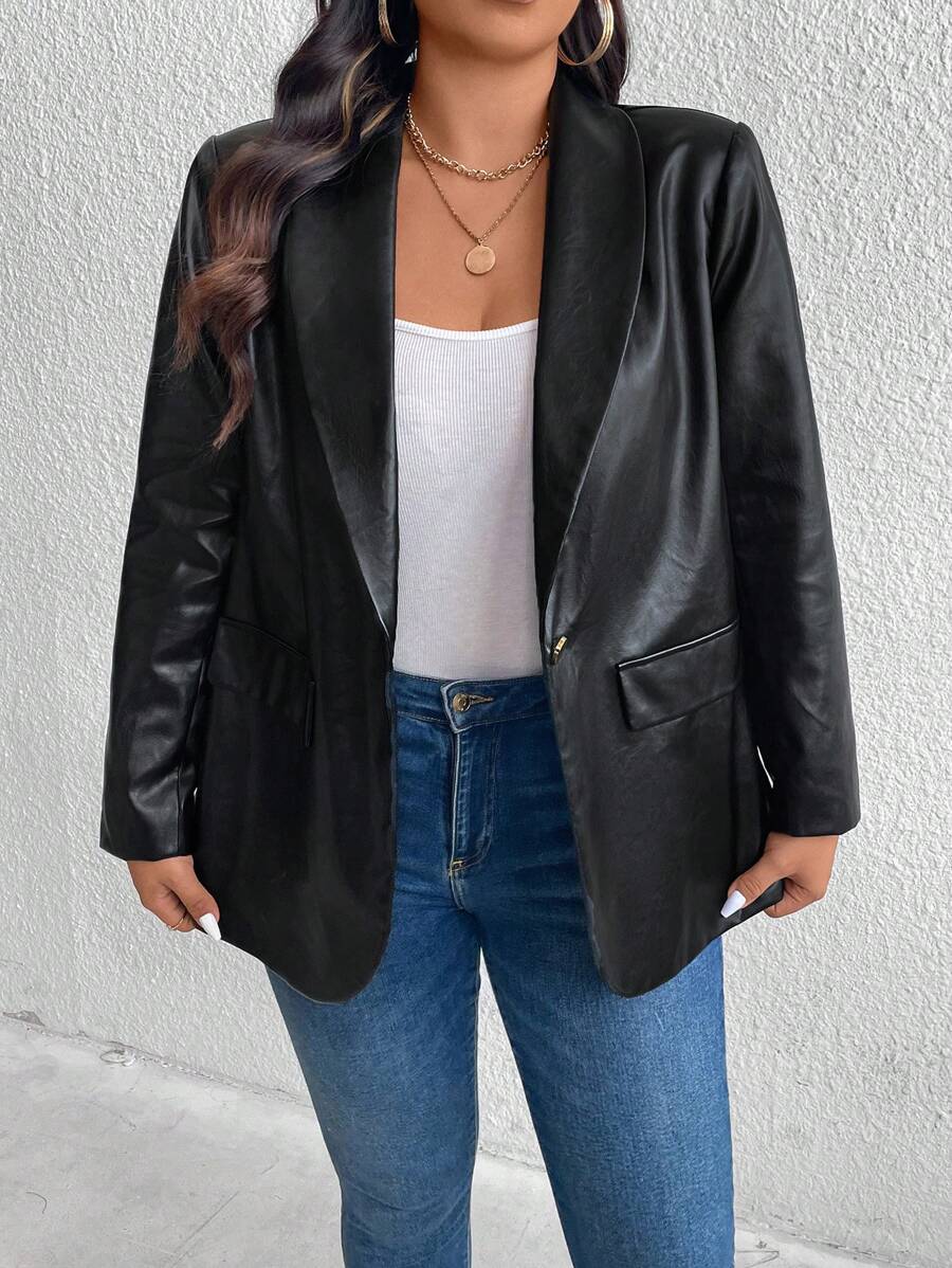 SHEIN LUNE Plus Size Women Spring Autumn Solid Color Lapel Long Sleeve PU Leather Elegantjacket - Black - View 1