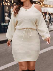 SHEIN LUNE Vestido de Tricô Manga Longa com Cintura Marcada, Decote Redondo e Halter, Plus Size, Cor Damasco, para Inverno - Damasco - Visão 4