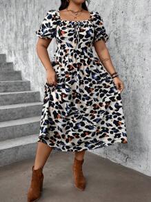 SHEIN VCAY Plus Size Vacation Puff Sleeve Square Neck Leopard Print Dress - Multicolor - View 5