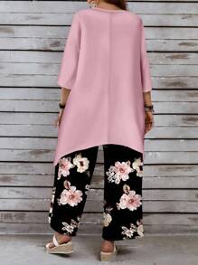 EMERY ROSE 2pcs Set Casual Plus Size Pink Floral Print 3/4 Sleeve Top And Pants, For Summer,Holiday Outfits