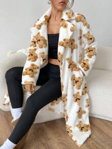 Muchica 全印花毛绒熊领口袋长袖长款开衫夹克 - 彩色 - 查看 3