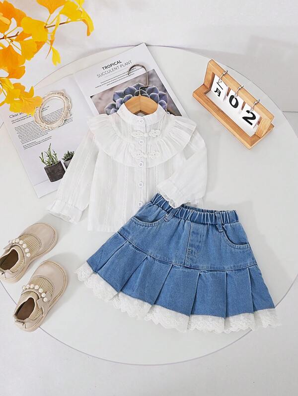 Baby Mädchen Set bestehend aus Rüschen Bluse mit Stehkragen und Langarm und plissiertem Denim Rock, 2-teilig