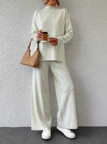 EURMUSE Ladies' Drop Shoulder Sweater And Sweater Pants Set - White - View 4