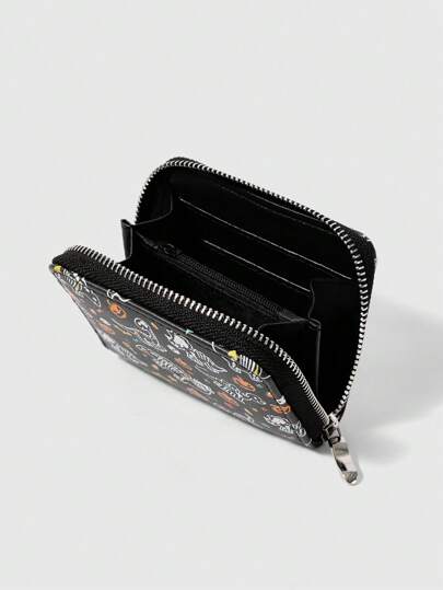 Goth 1 pieza Cartera pequeña negra con cremallera y diseño sencillo de calabaza y dinosaurio de Halloween para mujeres