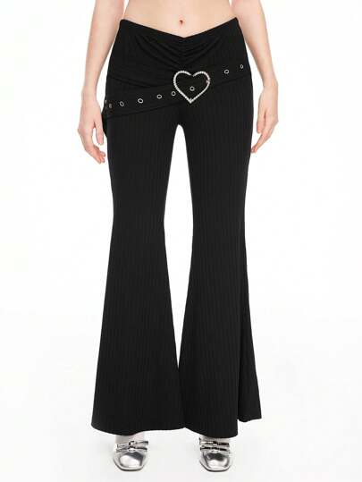 Kawaii Pantalon évasé à taille basse avec décor de strass en forme de cœur style Y2K pour femme