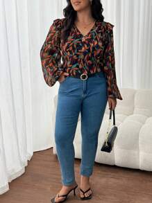 SHEIN Frenchy Blusa de manga larga con estampado floral sencillo para mujer talla grande, camisa de mujer de otoño, ropa de mujer de otoño, blusa elegante, camisa de otoño, camisa de manga larga, estampado de hojas, atuendo para citas para mujeres, atuendo para fiestas para mujeres - Multicolor - Ver 7