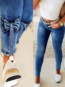 Women's Tight-Fitting Back Split Bow Design Jeans