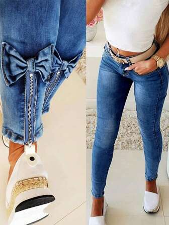 Women's Tight-Fitting Back Split Bow Design Jeans