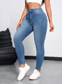 SHEIN Essnce Women Tight Daily Wear Simple Denim Trousers