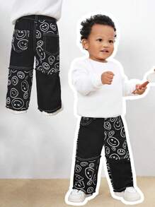 SHEIN Baby Boy's Denim Cute Smiling Face Pattern Straight Legs Black Jeans,Versatile For Daily Outdoor Wear And Fall - Black - View 1