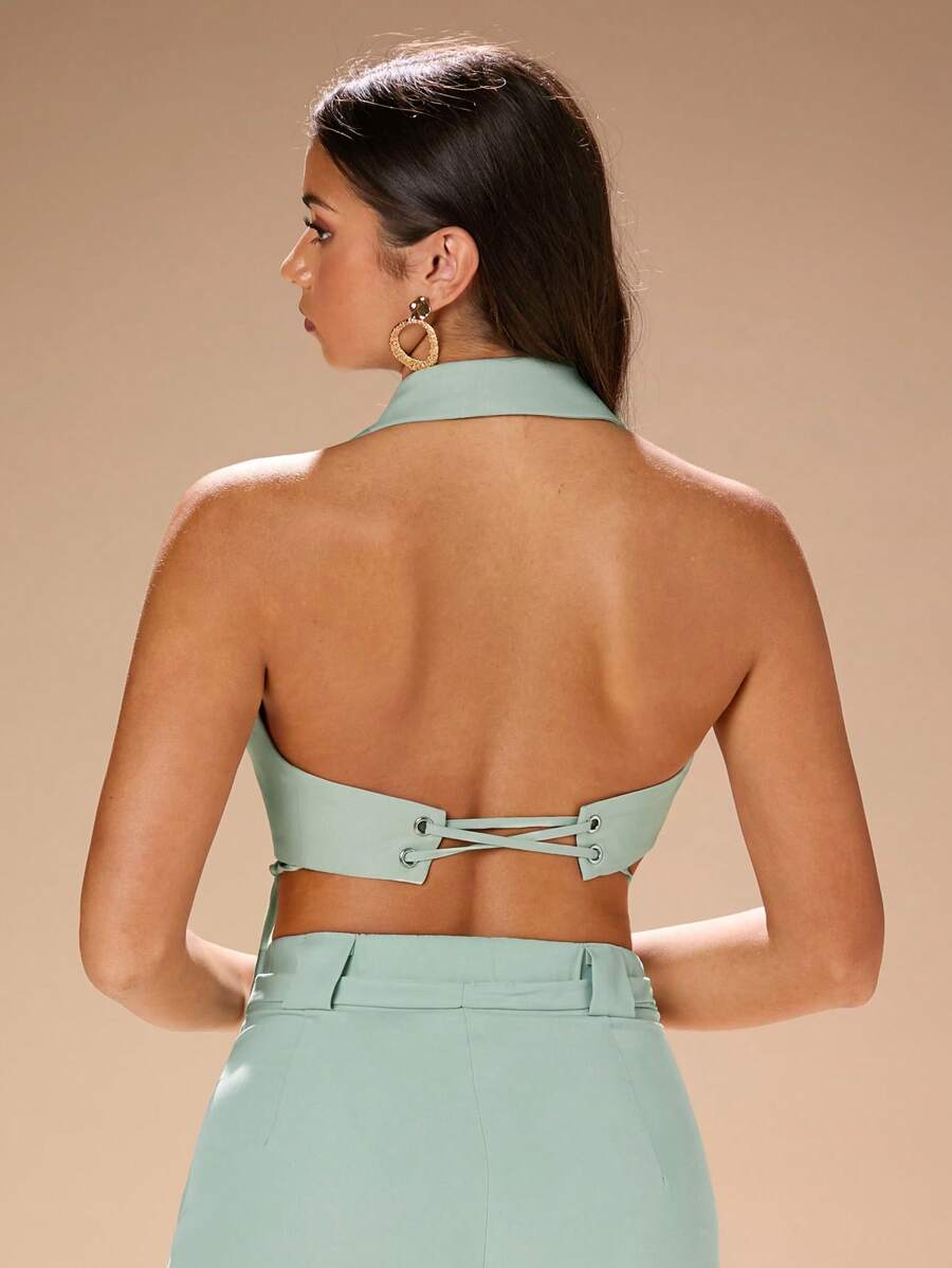 SHEIN BAE 浅绿色开心果套装背心 女士交叉露背细节无袖背心 - 綠色 - 查看 1