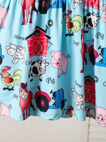 SHEIN 女童夏季薄款可爱童趣甜美文艺全身卡通动物图案印花盖袖拼接连衣裙