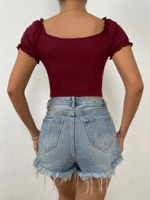 Calvaya Ruched Front Sweetheart Neck Puff Sleeve Crop Tee