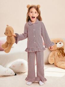 2pcs Girls' Casual Pink Ribbed Fabric Cardigan & Lounge Pants Set - Pink - View 4