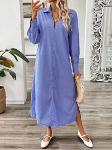 Chiquease Vestito camicia a maniche lunghe casual da vacanze, a righe, con bavero e spacco laterale, morbido e ampio - Blu e Bianco - Visualizzare 4