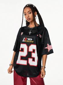 Coolane Women's Streetwear Sports Blockcore Number Printed Mesh Jersey T-Shirt,Couple Same Style - Black - View 6