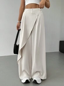 SHEIN EZwear Solid Color Minimalist Asymmetrical Loose Wide-Leg Pants, Casual Daily Wear - Beige - View 3