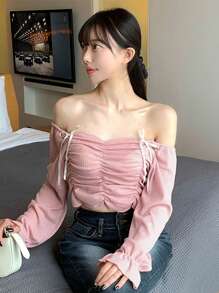 DAZY 女式露肩褶皱长袖T恤，秋季，荷叶边 - 粉色 - 查看 4