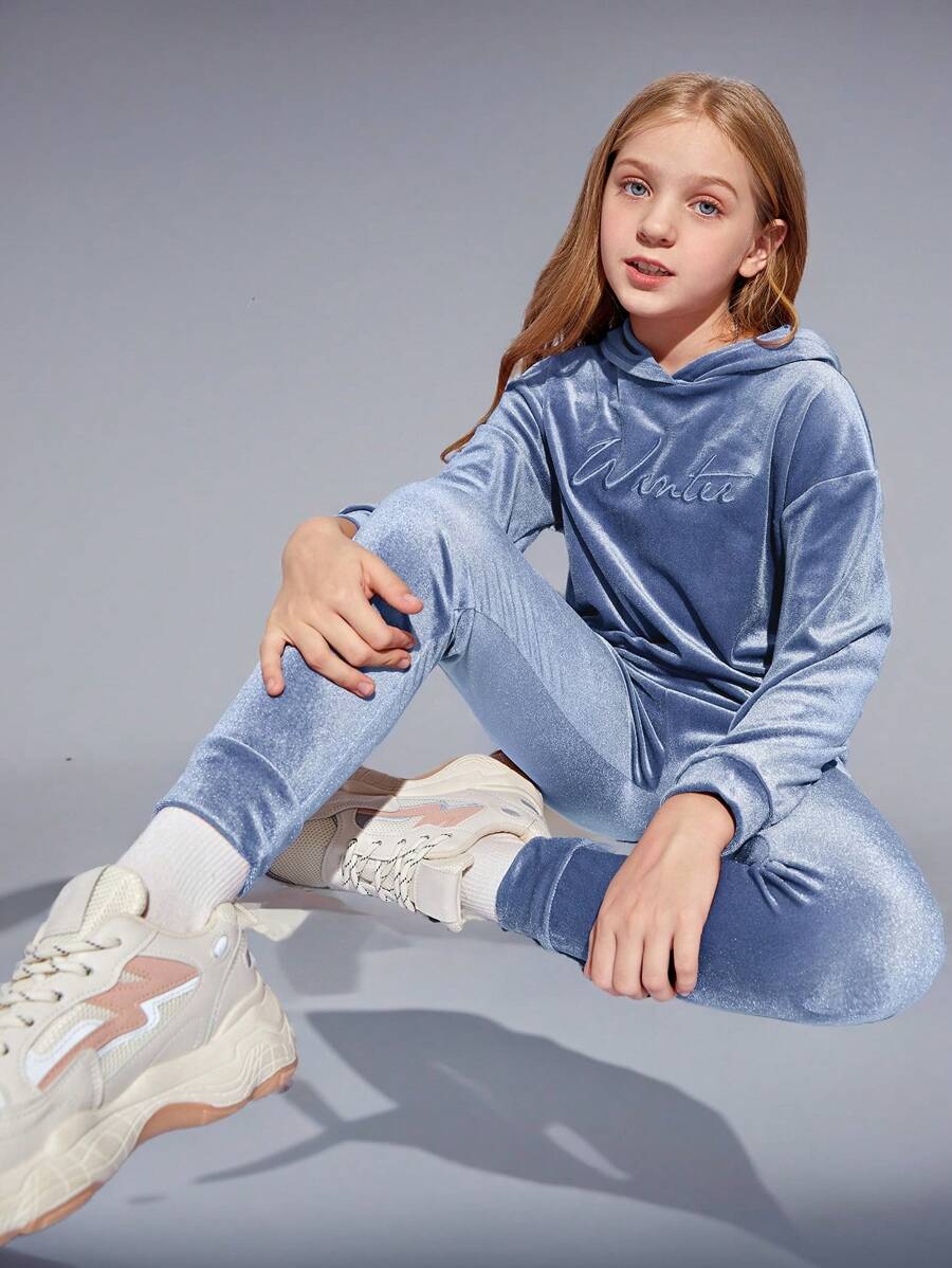 SHEIN Leap Crew Tween Girl Letter Embroidery Drop Shoulder Velvet Hoodie & Sweatpants - Teal Blue - View 1