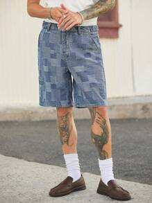 Manfinity Homme Men's Vintage Casual Light Blue Plaid Denim Shorts