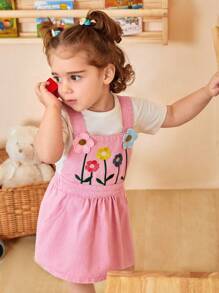 SHEIN 1 pièce Ensemble de robe à bretelles et jupe avec décor de fleurs 3D brodées pour bébé fille - Rose bonbon - Voir 1