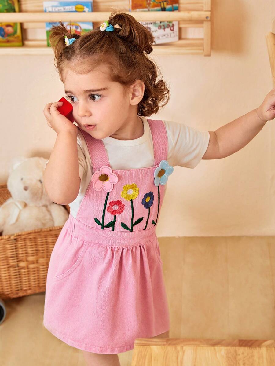 SHEIN 1 pièce Ensemble de robe à bretelles et jupe avec décor de fleurs 3D brodées pour bébé fille - Rose bonbon - Voir 1