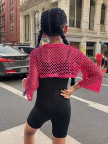 SHEIN Tuta senza maniche a righe a maglia per ragazze giovani, con tasche, stampa con lettere solide e top corti cavi, set di 2 pezzi