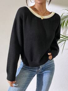 Chiquease Suéter holgado de punto suelto con detalle de lazo en cuello redondo para mujer, otoño/invierno