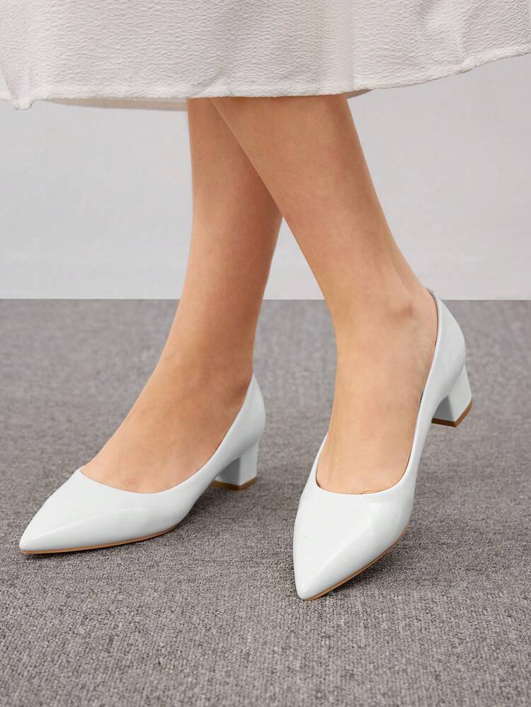 CUCCOO BIZCHIC Woman Shoes Minimalist Point Toe Elegant Chunky Heeled White Court Pumps For Summer Graduation Heels Prom Heels Vacation Shoes Summer Elegant Basics Business Casual Business Chic Spring Shoes Spring Break Easter For Christmas Spring Shoes