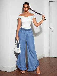 SHEIN Tall Lässige, verwaschen Jeans mit weitem Bein und Rüschen - Blau - Übersicht 5