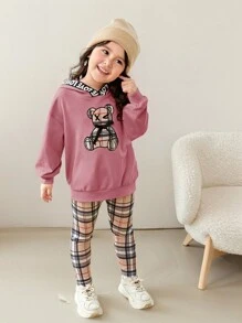 SHEIN Young Girl Bear Print Drop Shoulder Hoodie & Plaid Leggings