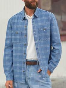 Manfinity Homme Retro American Casual Men's Light Blue Plaid Loose Denim Shirt - Light Wash - View 7