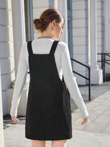 SHEIN Teen Girls Plain Corduroy Pocket Strap Casual Dress - Black - View 2