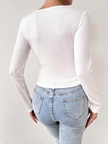 Chiquease Women 3D Floral Decor Crew Neck Long Sleeve T-Shirt - White - View 2