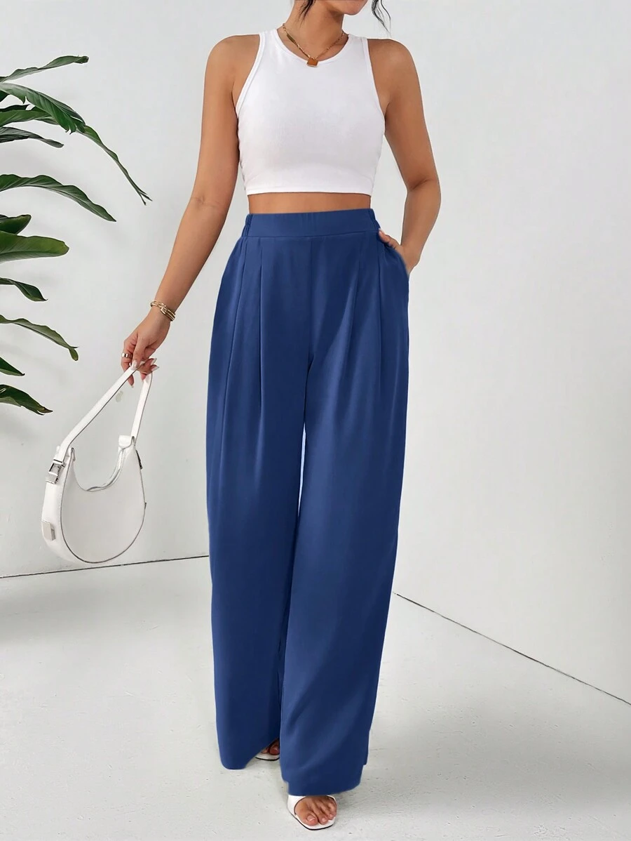 SHEIN Essnce Pantalones casuales de unicolor y estilo básico para mujer - Azul Marino - Ver 1